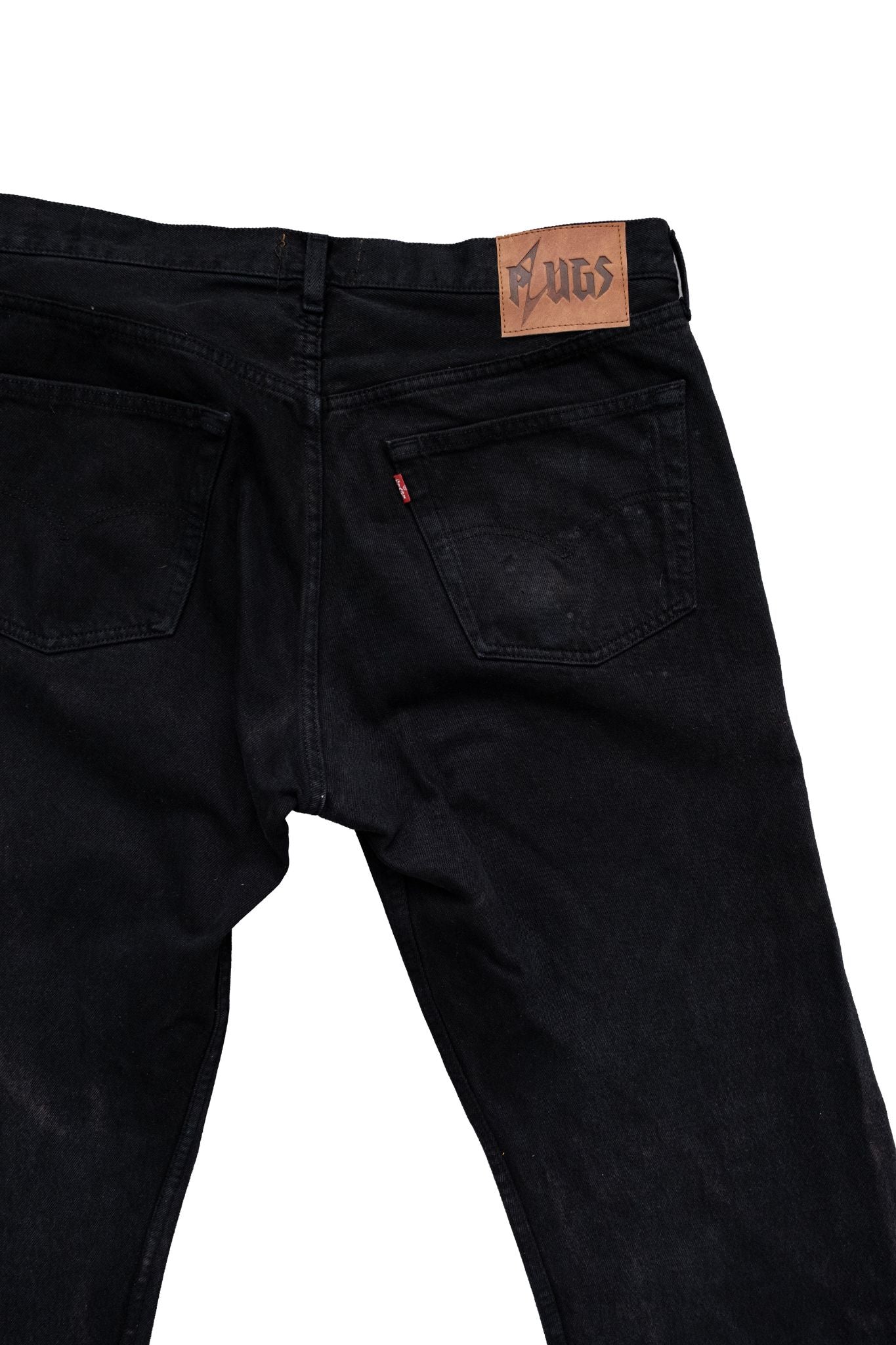 CUSTOM BLACK FLARED DENIM – ARTISTIC CUT WITH LEATHER & PEARL DETAILS