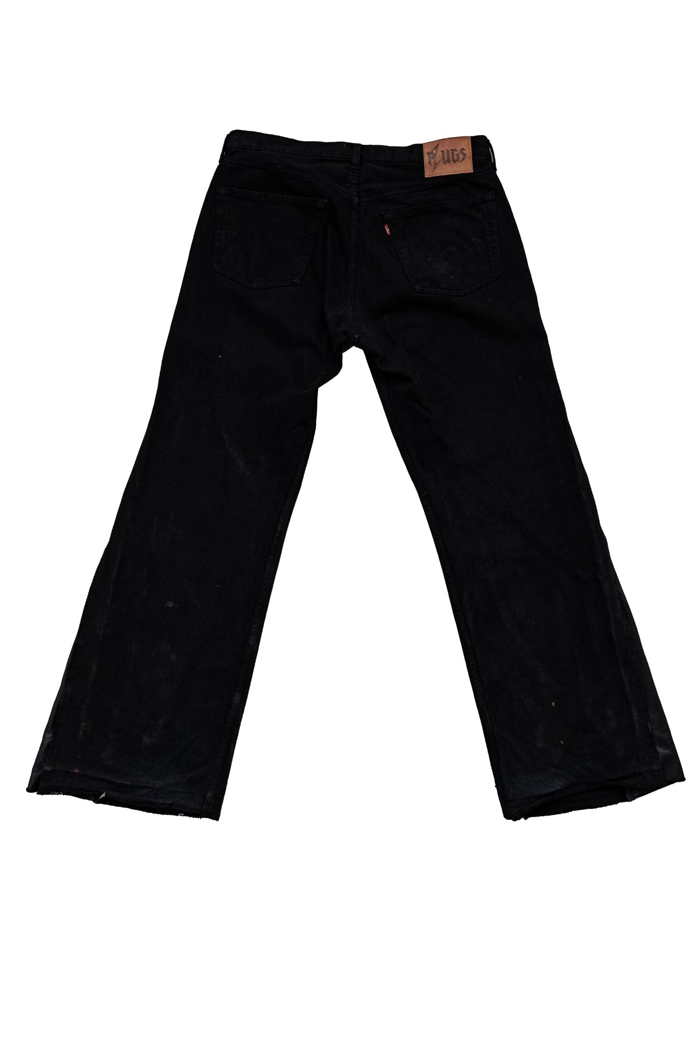 CUSTOM BLACK FLARED DENIM – ARTISTIC CUT WITH LEATHER & PEARL DETAILS