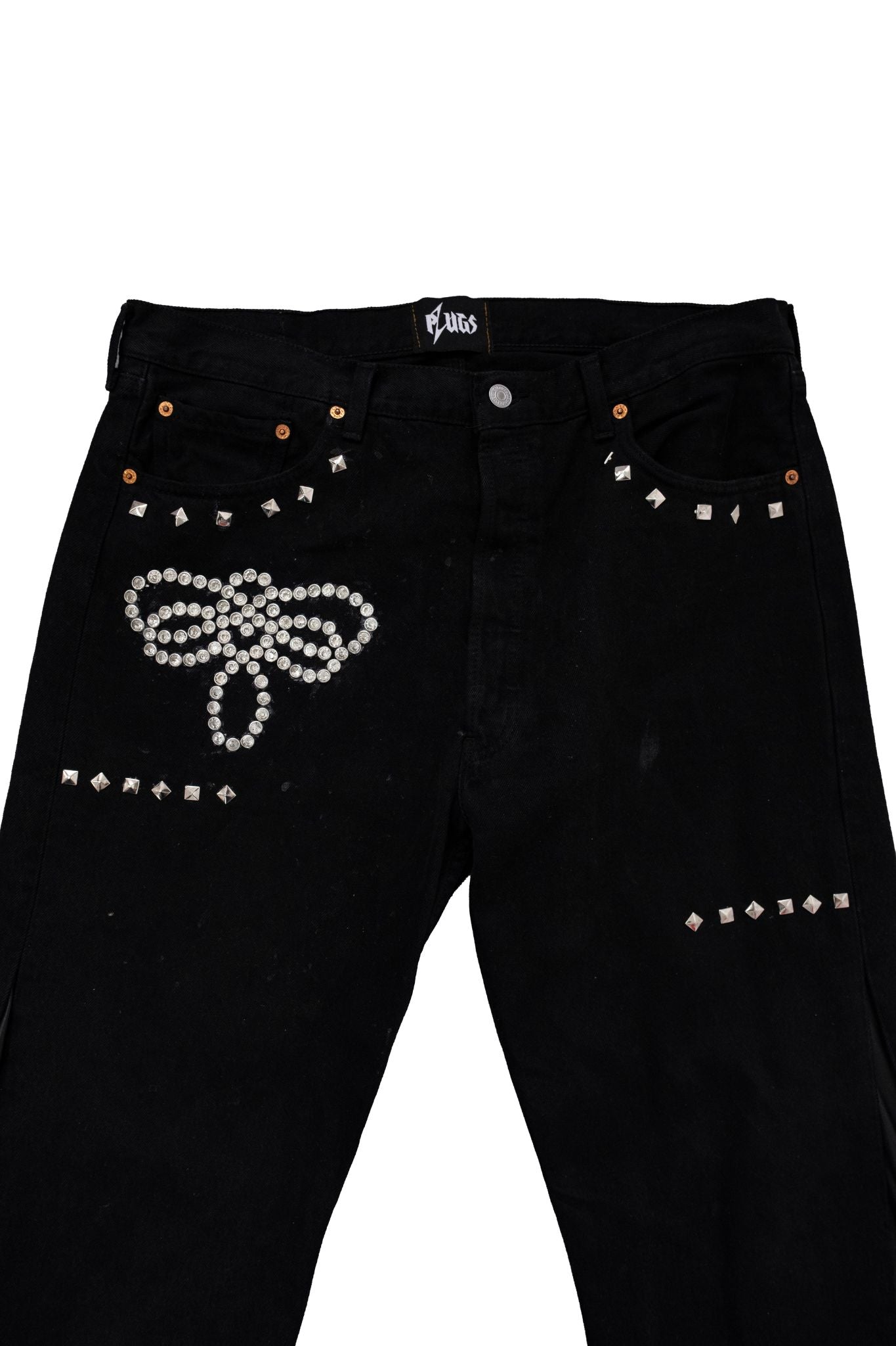 CUSTOM BLACK FLARED DENIM – ARTISTIC CUT WITH LEATHER & PEARL DETAILS
