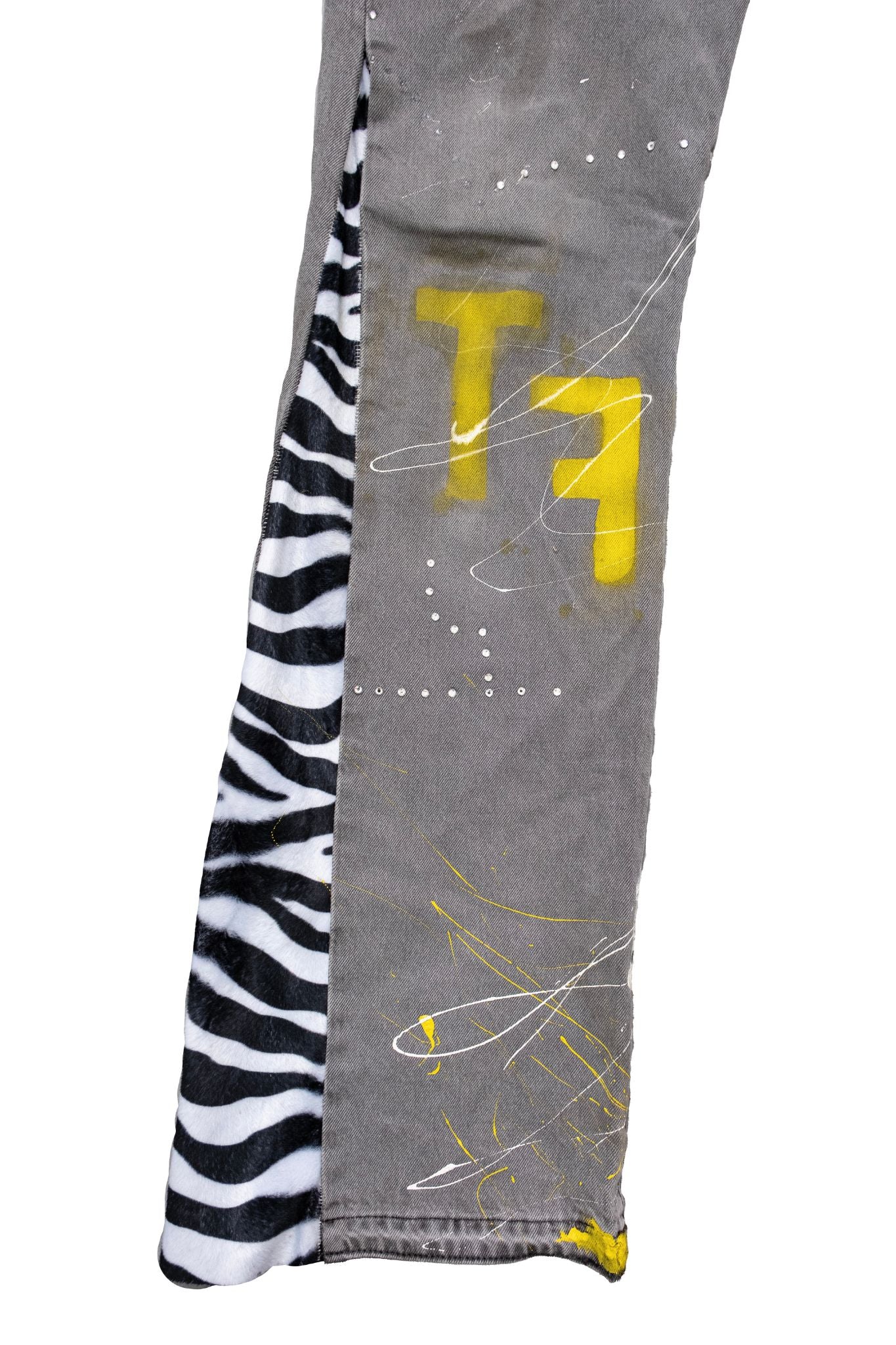 GREY FLARED DENIM – ZEBRA PRINT & PEARL ACCENTS