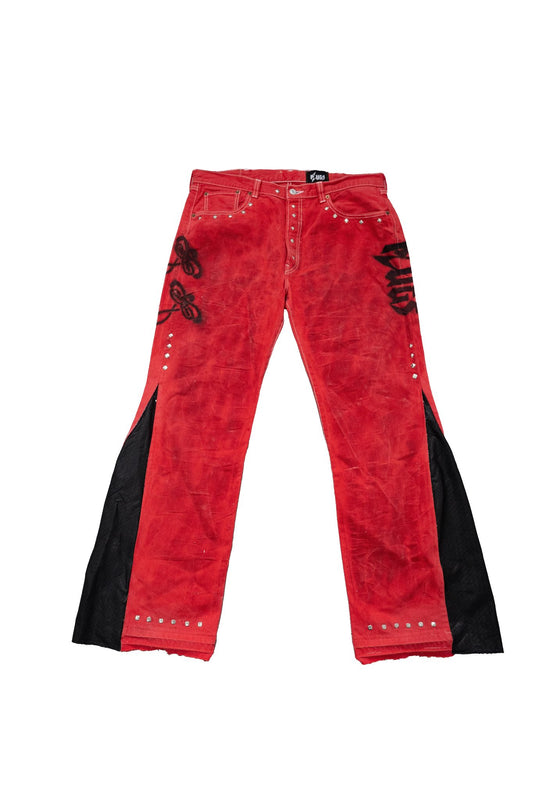 HANDMADE CUSTOM RED & BLACK FLARED DENIM