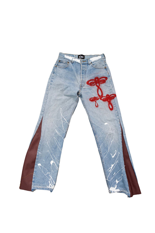 FLARED DENIM – BLUE & BROWN WITH LEATHER PRINT