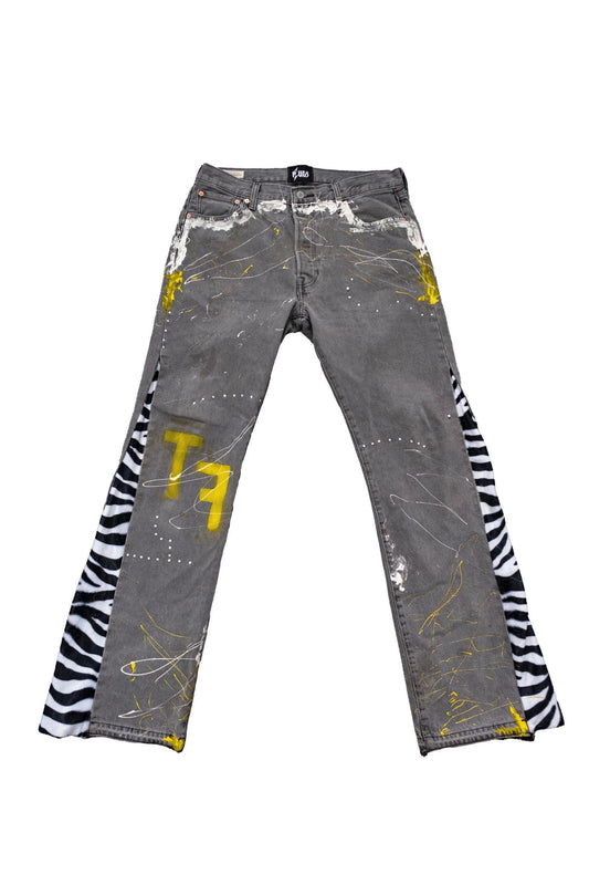 GREY FLARED DENIM – ZEBRA PRINT & PEARL ACCENTS