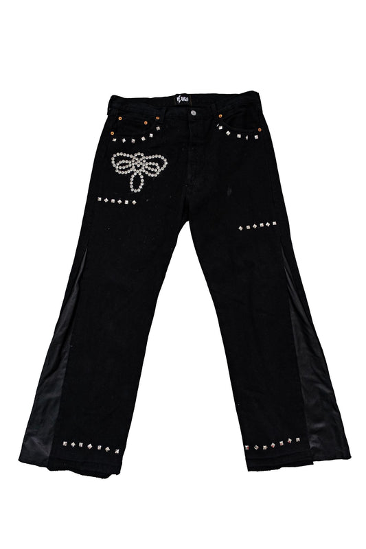 CUSTOM BLACK FLARED DENIM – ARTISTIC CUT WITH LEATHER & PEARL DETAILS